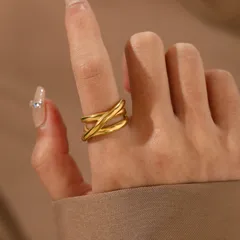 Stripe Titanium Steel Ring For Women With Golden Electroplated Finish In Steel Color