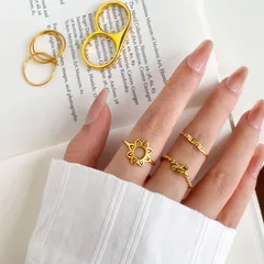 Sun Pattern Electroplated Ring For Women In 304 Stainless Steel With 18K Real Gold PVD Coated Plating And 0.03µm-0.05µm Thickness 5