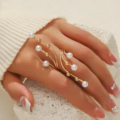 Sweet Golden Geometric Rings Featuring Imitation Pearl Jewelry Accessories