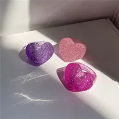 Sweet Heart Shape Acrylic Rings With Sequins And Leaf Design In Pink, 3 Pieces Set
