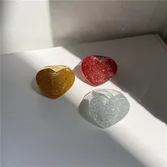 Sweet Heart Shape Acrylic Rings With Sequins And Leaf Design In Pink, 3 Pieces Set 2