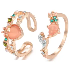 Sweet Heart Shape Open Ring For Women, Electroplated Alloy With Artificial Gemstones, 1 Set 5
