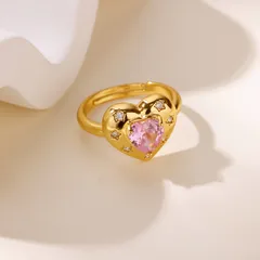 Sweet Heart Shape Open Ring For Women In Copper With 18K Real Gold Plating And Zircon Inlay 3