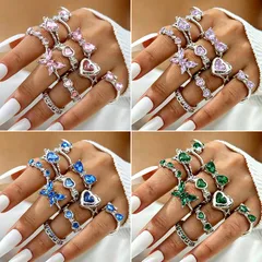 Sweet Heart Shape Open Ring For Women, 1 Set Alloy Electroplated With Artificial Gemstones