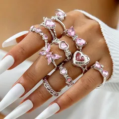 Sweet Heart Shape Open Ring For Women, 1 Set Alloy Electroplated With Artificial Gemstones 2
