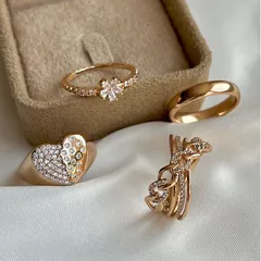 Sweet Hollow Heart Ring Set 4pcs Geometric Irregular Diamond Embedded Flower Finger Ring Bohemian Style Zinc Alloy Women 2
