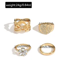 Sweet Hollow Heart Ring Set 4pcs Geometric Irregular Diamond Embedded Flower Finger Ring Bohemian Style Zinc Alloy Women 4