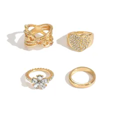 Sweet Hollow Heart Ring Set 4pcs Geometric Irregular Diamond Embedded Flower Finger Ring Bohemian Style Zinc Alloy Women 5
