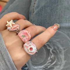 Sweet Starfish Open Ring For Women In Natural Pink Metal With Rhinestones, Handmade 3