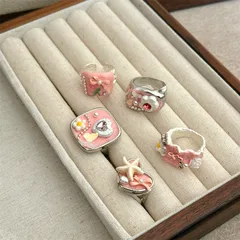 Sweet Starfish Open Ring For Women In Natural Pink Metal With Rhinestones, Handmade 5