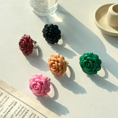 Tea Flower Resin Titanium Steel Flat Bottom Fashion Colored Ring Non-fading Vintage Open Finger Ring Jewelry Unisex 2