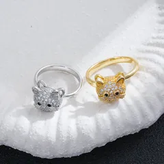 Three-dimensional Cat Open Ring For Women In Titanium Steel With 18K Real Gold Plated PVD Coating