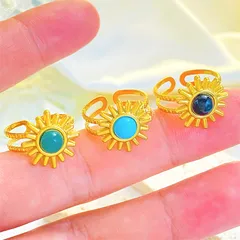 Women’s Open Ring With Round Heart Sun Pattern, Waterproof 304 Stainless Steel, 18K Gold PVD Coating, Artificial Gemstones 3