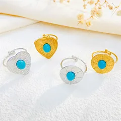Women’s Open Ring With Round Heart Sun Pattern, Waterproof 304 Stainless Steel, 18K Gold PVD Coating, Artificial Gemstones 4