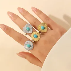 Women’s Open Ring With Round Heart Sun Pattern, Waterproof 304 Stainless Steel, 18K Gold PVD Coating, Artificial Gemstones 5
