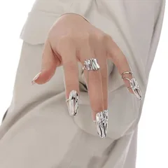 Trendy Metal Ring Set For Women Unique Design Minimalist Style Fashionable Geometric Pattern Adjustable Band Cold Tone 2