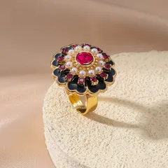 Tropical Flowers Ring For Women, 1 PCS Package, Golden Plated With 0.03µm-0.05µm Thickness And Rhinestone Inlay 2