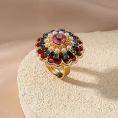 Tropical Flowers Ring For Women, 1 PCS Package, Golden Plated With 0.03µm-0.05µm Thickness And Rhinestone Inlay 3