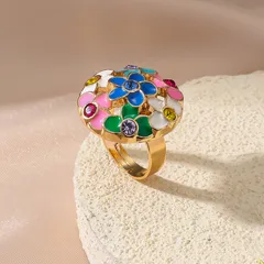 Tropical Flowers Ring For Women, 1 PCS Package, Golden Plated With 0.03µm-0.05µm Thickness And Rhinestone Inlay 4