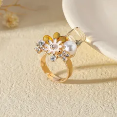 Tropical Flowers Open Ring For Women With KC Golden Plated Coating 0.03µm-0.05µm And Rhinestones, 1 PCS/Package 2