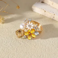 Tropical Flowers Open Ring For Women With KC Golden Plated Coating 0.03µm-0.05µm And Rhinestones, 1 PCS/Package 3