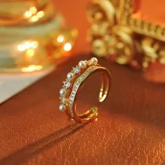 Two-layer Design Open Pearl Ring With Zircon-like Geometric Carving, Silver Copper Alloy Plating