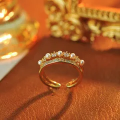 Two-layer Design Open Pearl Ring With Zircon-like Geometric Carving, Silver Copper Alloy Plating 2