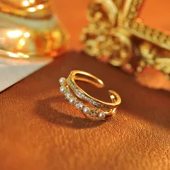 Two-layer Design Open Pearl Ring With Zircon-like Geometric Carving, Silver Copper Alloy Plating 3