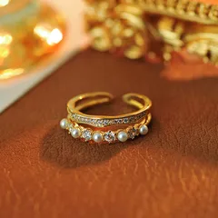 Two-layer Design Open Pearl Ring With Zircon-like Geometric Carving, Silver Copper Alloy Plating 4