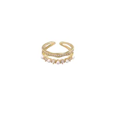 Two-layer Design Open Pearl Ring With Zircon-like Geometric Carving, Silver Copper Alloy Plating 5