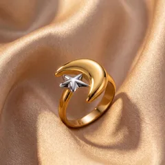 Two Tone Moon Open Ring For Women In Titanium Steel With Electroplated Gold Plating, Available In Multicolor