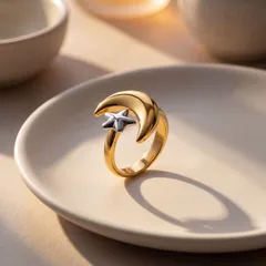 Two Tone Moon Open Ring For Women In Titanium Steel With Electroplated Gold Plating, Available In Multicolor 2
