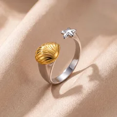 Two Tone Starfish Open Ring For Women In Electroplated Titanium Steel With Shell Inlay
