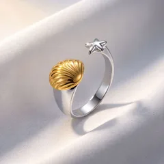 Two Tone Starfish Open Ring For Women In Electroplated Titanium Steel With Shell Inlay 2