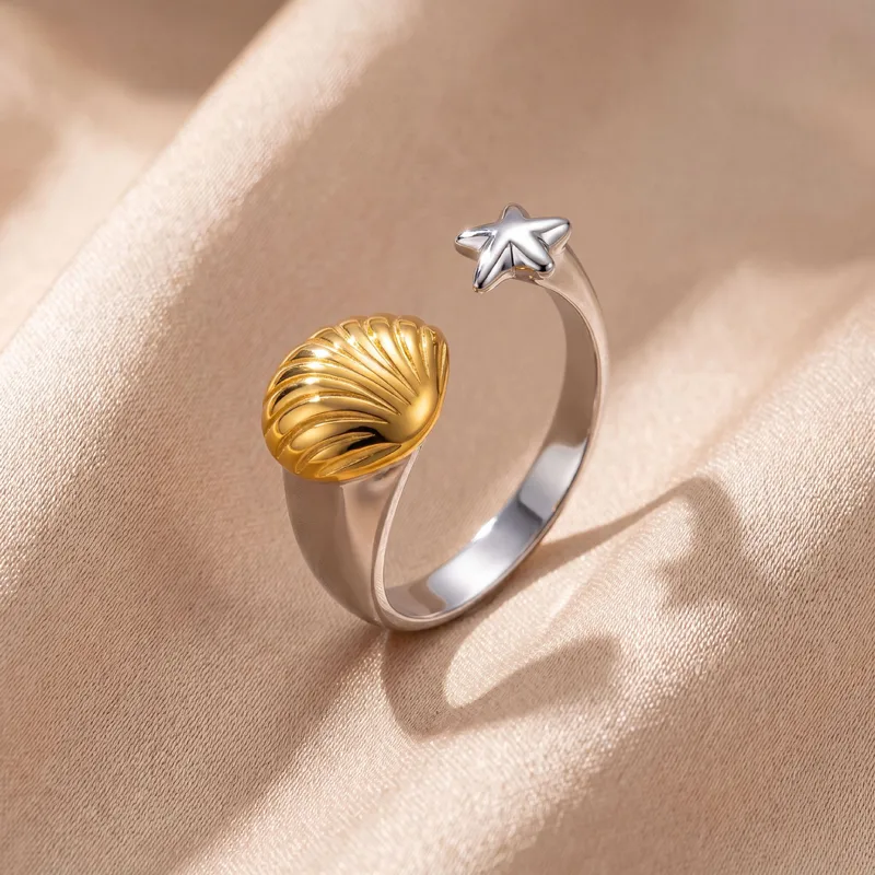 Two Tone Starfish Open Ring For Women In Electroplated Titanium Steel With Shell Inlay 4