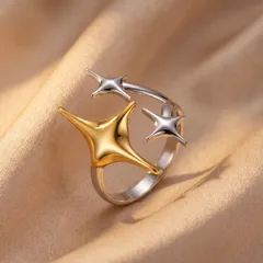 Two Tone Titanium Steel Open Ring With Star Pattern, Electroplated Gold Plating, Multicolor Design For Women