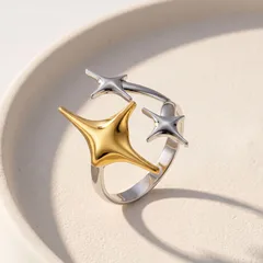 Two Tone Titanium Steel Open Ring With Star Pattern, Electroplated Gold Plating, Multicolor Design For Women 2