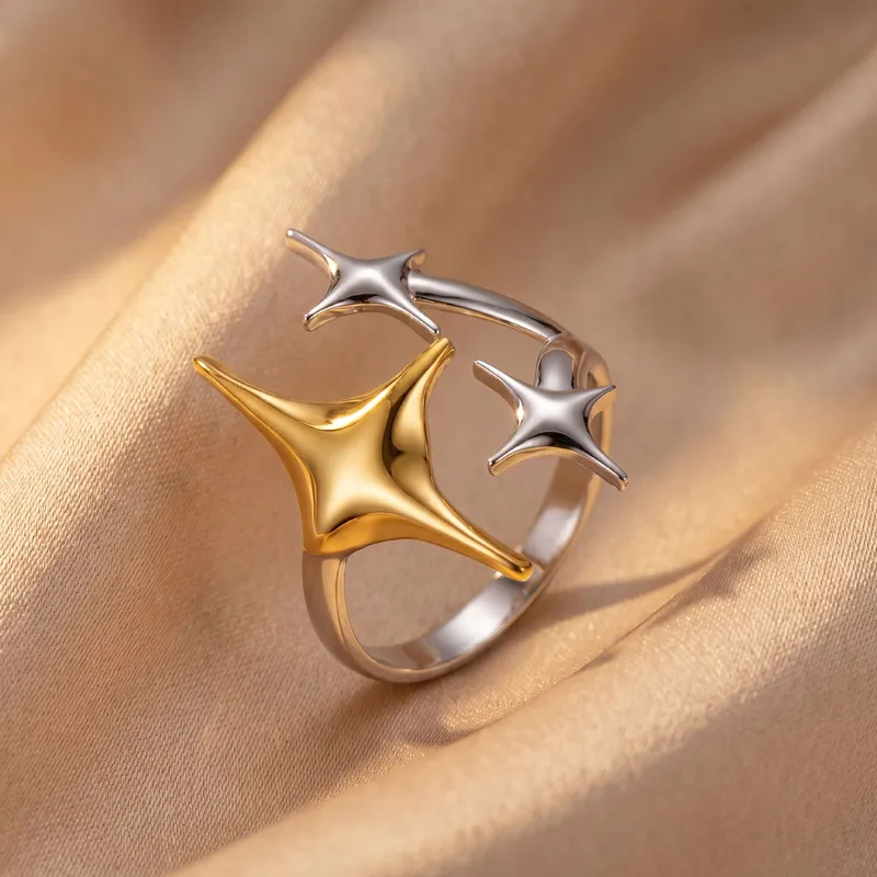 Two Tone Titanium Steel Open Ring With Star Pattern, Electroplated Gold Plating, Multicolor Design For Women 4