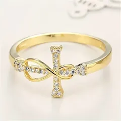Unisex Alloy Cross Ring For Everyday Wear, Golden Plated With Rhinestones, Featuring 0.03µm-0.05µm Plating Thickness