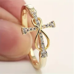 Unisex Alloy Cross Ring For Everyday Wear, Golden Plated With Rhinestones, Featuring 0.03µm-0.05µm Plating Thickness 3