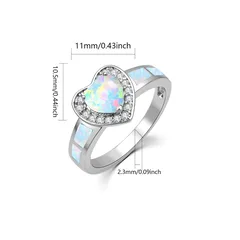 Unisex Heart Shape Copper Ring With October Birthstone Opal Inlay In White, Sweet Style 2