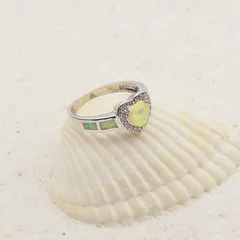 Unisex Heart Shape Copper Ring With October Birthstone Opal Inlay In White, Sweet Style 3