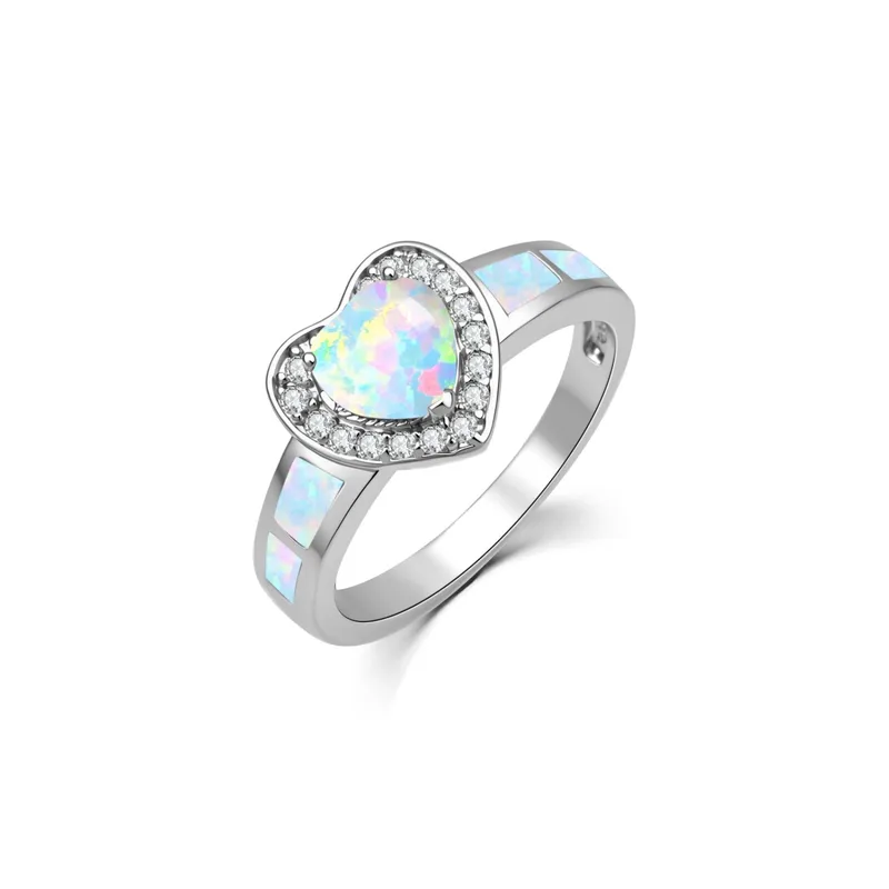 Unisex Heart Shape Copper Ring With October Birthstone Opal Inlay In White, Sweet Style 5