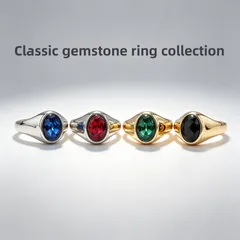 Unisex Oval Titanium Steel Ring With July Birthstone Ruby Inlay In Steel Color, Simple Style 2