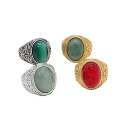 Unisex Oval Titanium Steel Ring With Artificial Gemstones In Gold, Perfect For Autumn Wear 2