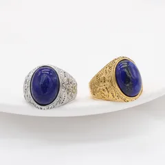 Unisex Oval Titanium Steel Ring With Artificial Gemstones In Gold, Perfect For Autumn Wear 3
