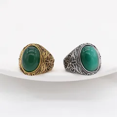 Unisex Oval Titanium Steel Ring With Artificial Gemstones In Gold, Perfect For Autumn Wear 5