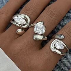 Vacation Classic Style Solid Color 304 Stainless Steel Glass Inlay Zircon Women's Open Rings 4