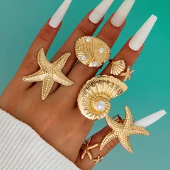 Vacation Star Metal Open Rings Set Of 6 Shell Joint Rings Women's Luxury Style Geometric Pattern Zinc Alloy