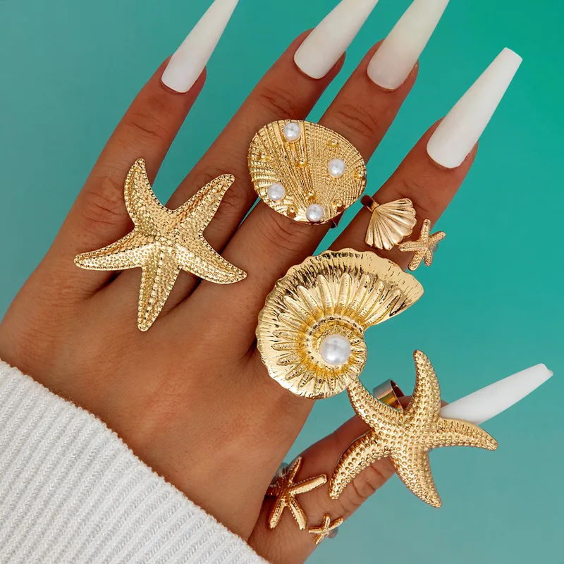 Vacation Star Metal Open Rings Set Of 6 Shell Joint Rings Women's Luxury Style Geometric Pattern Zinc Alloy 5